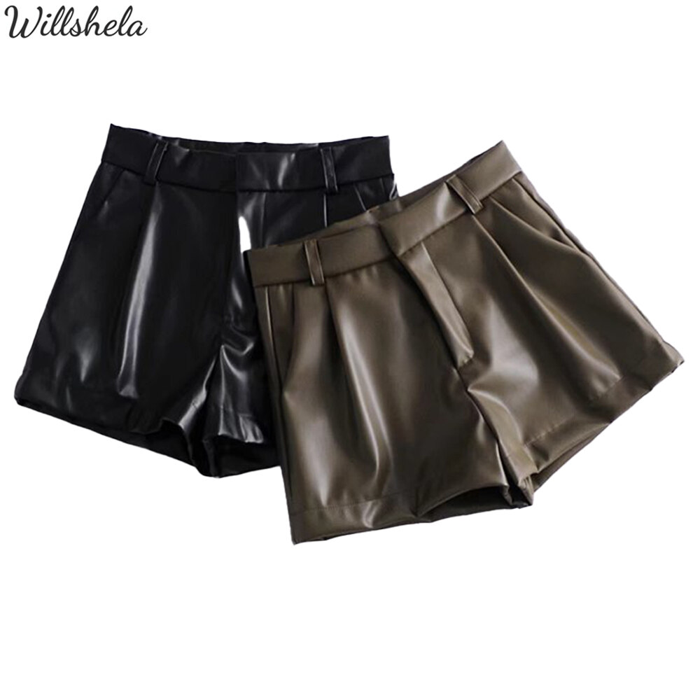 Willshela Women Fashion Faux Leather A-Line Shorts High Waist Side Pockets Front Zipper Chic Elegant Female Casual Vintage Chic Hot Short Pant