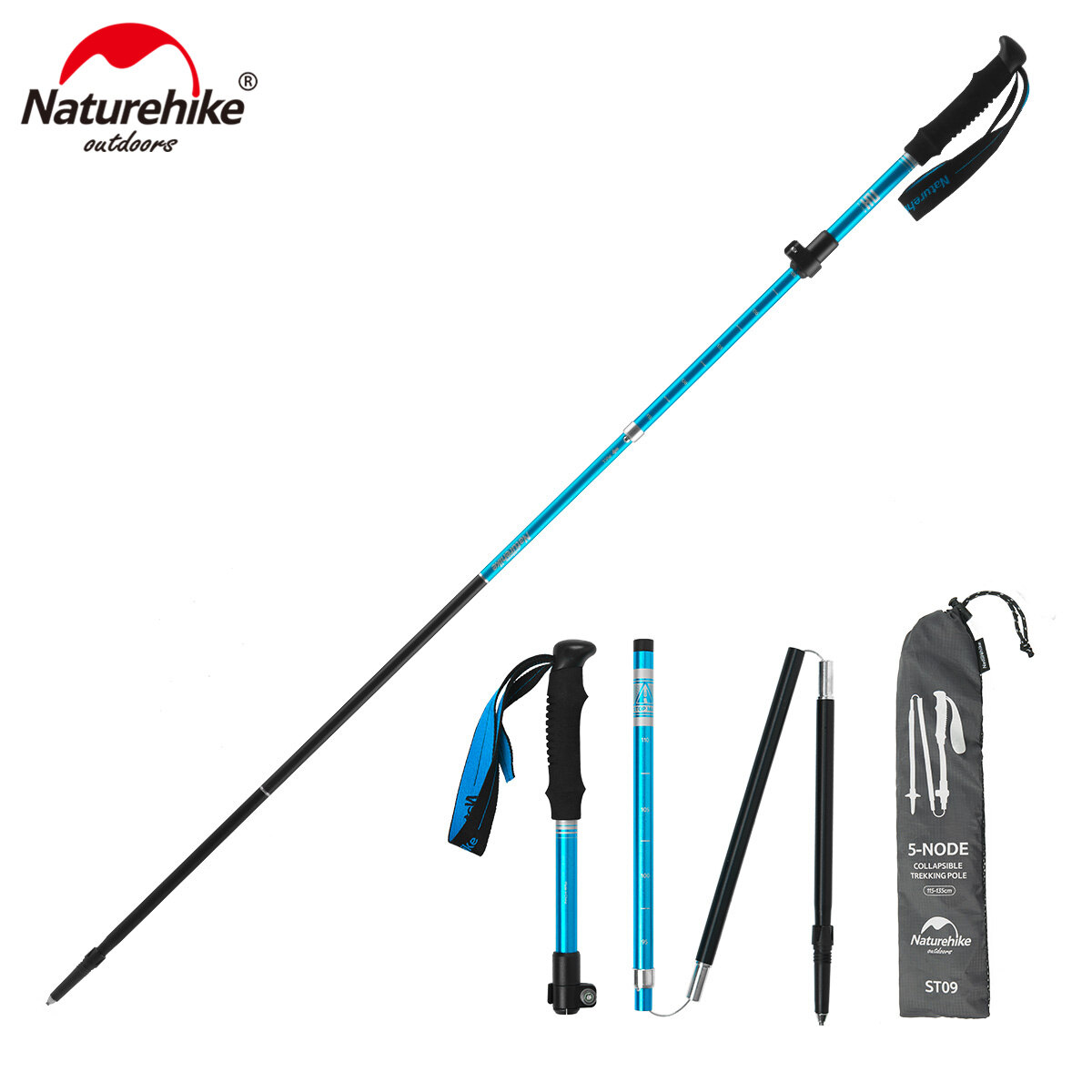 Naturehike Gậy Leo Núi Gậy Đi Bộ Đường Dài Ống Lồng 5 Khúc Bằng Hợp Kim Nhôm 7075 Có Thể Điều Chỉnh NH15A023-Z 34Cm Gấp 115-135Cm