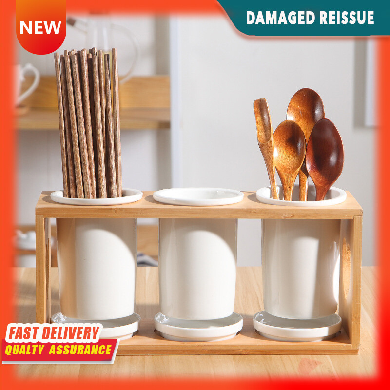 Gambar Modern Minimalist Pure White Three cylinder Draining Bamboo Chopsticks Tube Household Tableware Storage Chopsticks Holder
