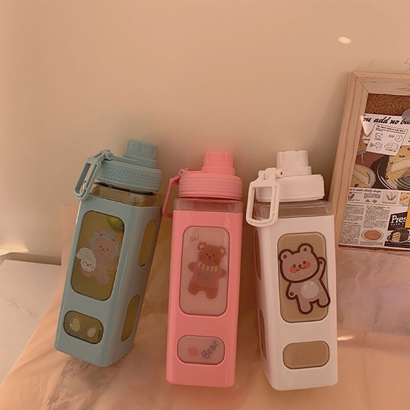 Gambar 500ml Creative Bear Water Bottle With Straw Sport Plastic Portable Square Drinking Bottle For Girl Cute Juice Tea Water Cups