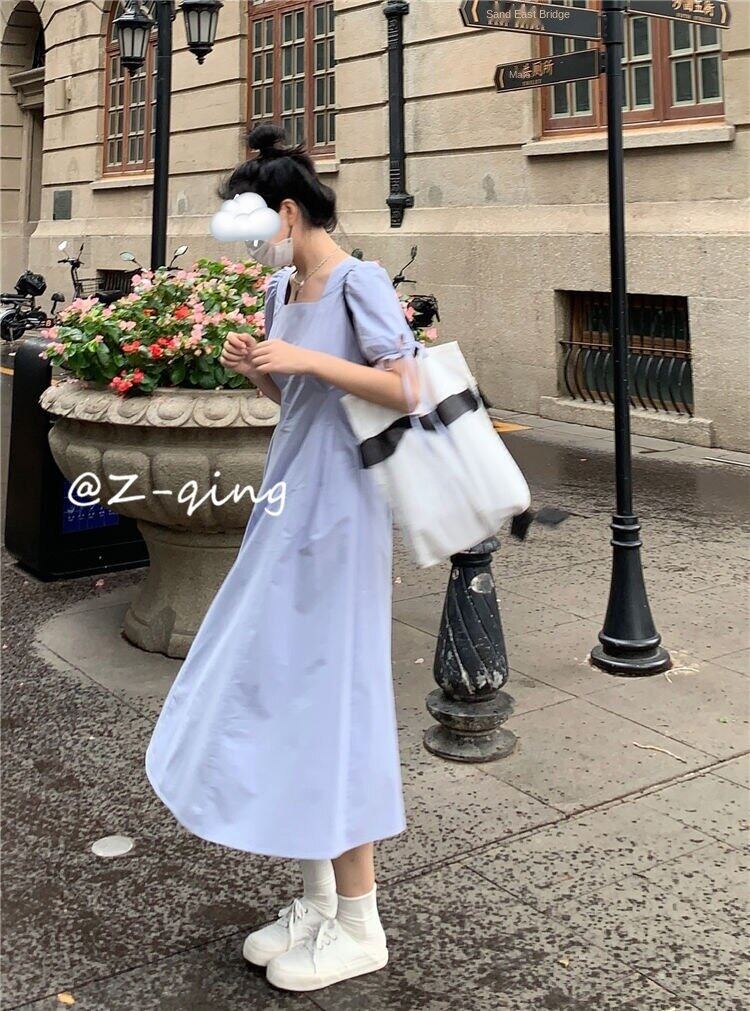 French style square collar puff sleeve dress design niche temperament slim fit gentle first love backless white fairy skirt