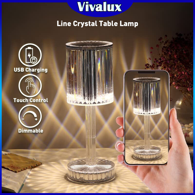 Vivalux Đèn LED Pha Lê Kim Cương Đèn Bàn Thiết Kế Kiểu Tây Ban Nha Đèn Bàn Sạc Cảm Ứng USB Đèn Tạo Không Khí Quầy Bar Phòng Khách Phòng Khách Đèn Ngủ Mờ Ba Màu