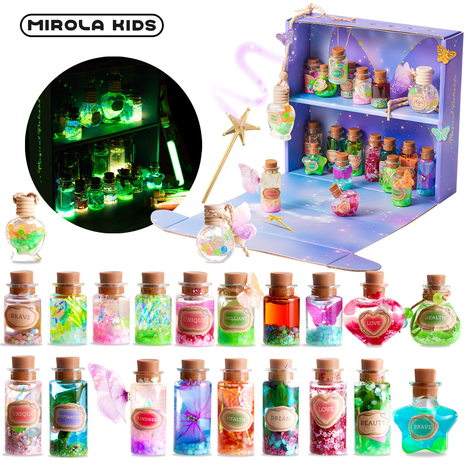 Jar Melo Cổ Tích ma thuật Potion Kit cho trẻ em, hộp hiển thị phát sáng trong bóng tối, DIY sáng tạo Bộ dụng cụ thủ công với 21 chai, Giáng sinh cây ước nguyện quà tặng sinh nhật Đồ chơi cho cô gái 6 +