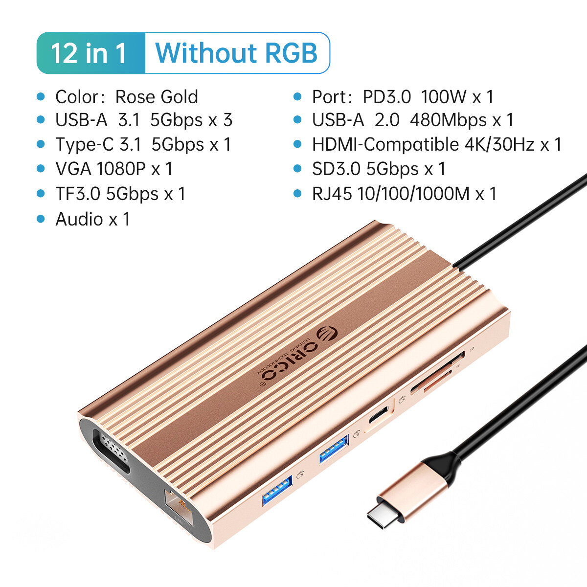 Trạm Sạc USB C Bộ Chia USB C Orico 12 Trong 1 Kép Với Hai Cổng HDMI 4K VGA DP Ethernet 1gbps Đèn RGB