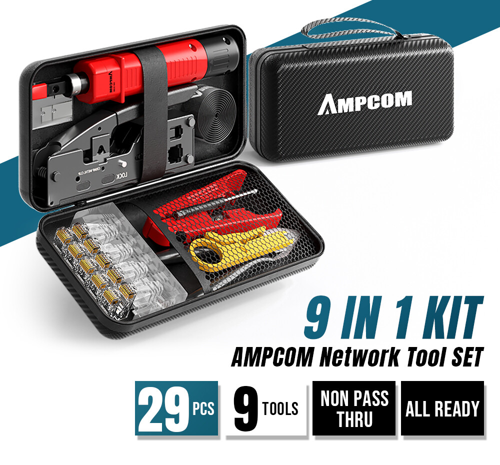 AMPCOM Kit de herramientas de crimpado Ethernet 9 en 1 Pass Through RJ45/ RJ11 para STP Cat7/6A UTP Cat6/5E/5 RJ45 conectores con 110 herramientas de perforación pelacables