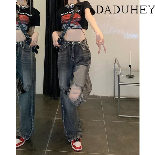 Daduhey 2024 phiên bản Hàn Quốc mới xu hướng hoài cổ eo cao lỗ dốc quần jean đường phố dáng rộng quần ống rộng