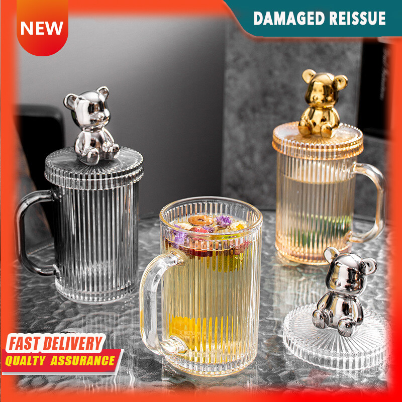 Gambar Violent Bear Transparent Glass Household Large capacity with Lid Handle Water Cup High value Office Mug