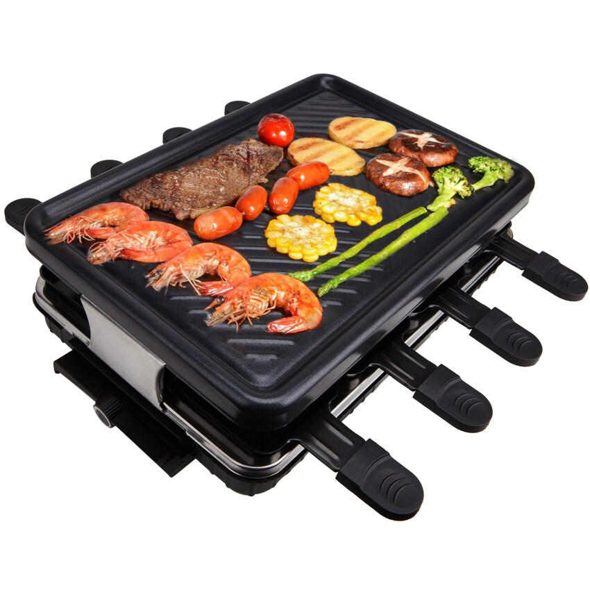 Fajiabao Raclette Table Grill Smokeless Korean BBQ Grill Electric Indoor with 8 Non-Stick Barbecue Cheese Melt Pans Temperature Control & Dishwasher