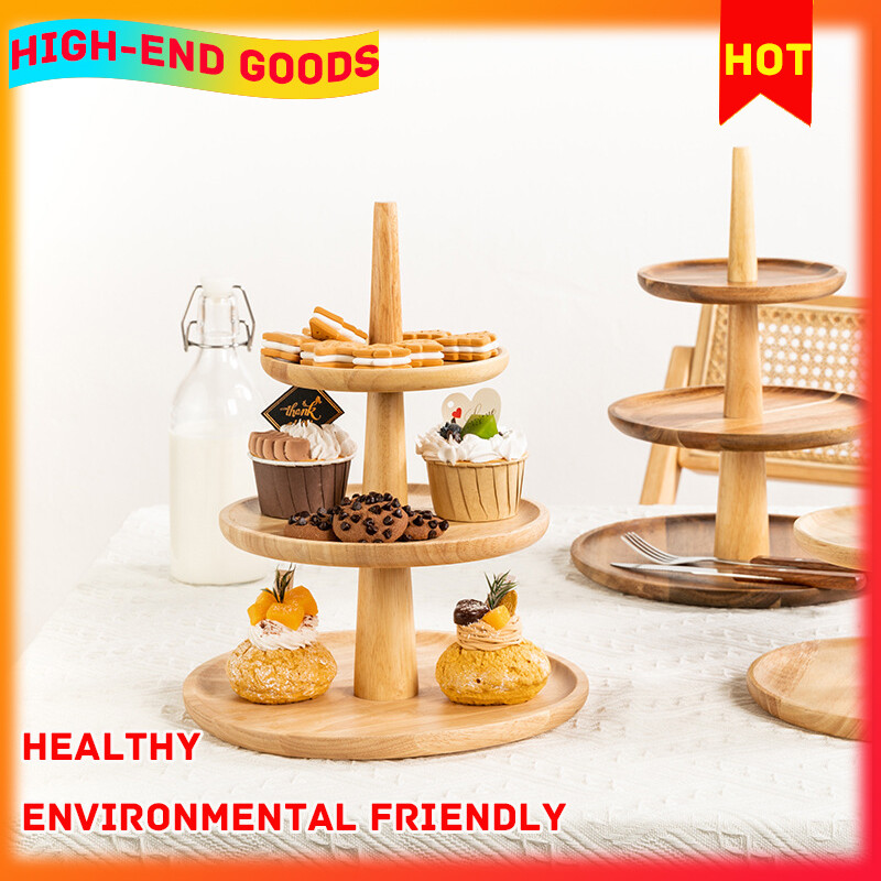 Gambar Cake Snack Tray Display Acacia Wooden Three layer Fruit Plate Dessert Table Two layer Creative Shop Household Plate
