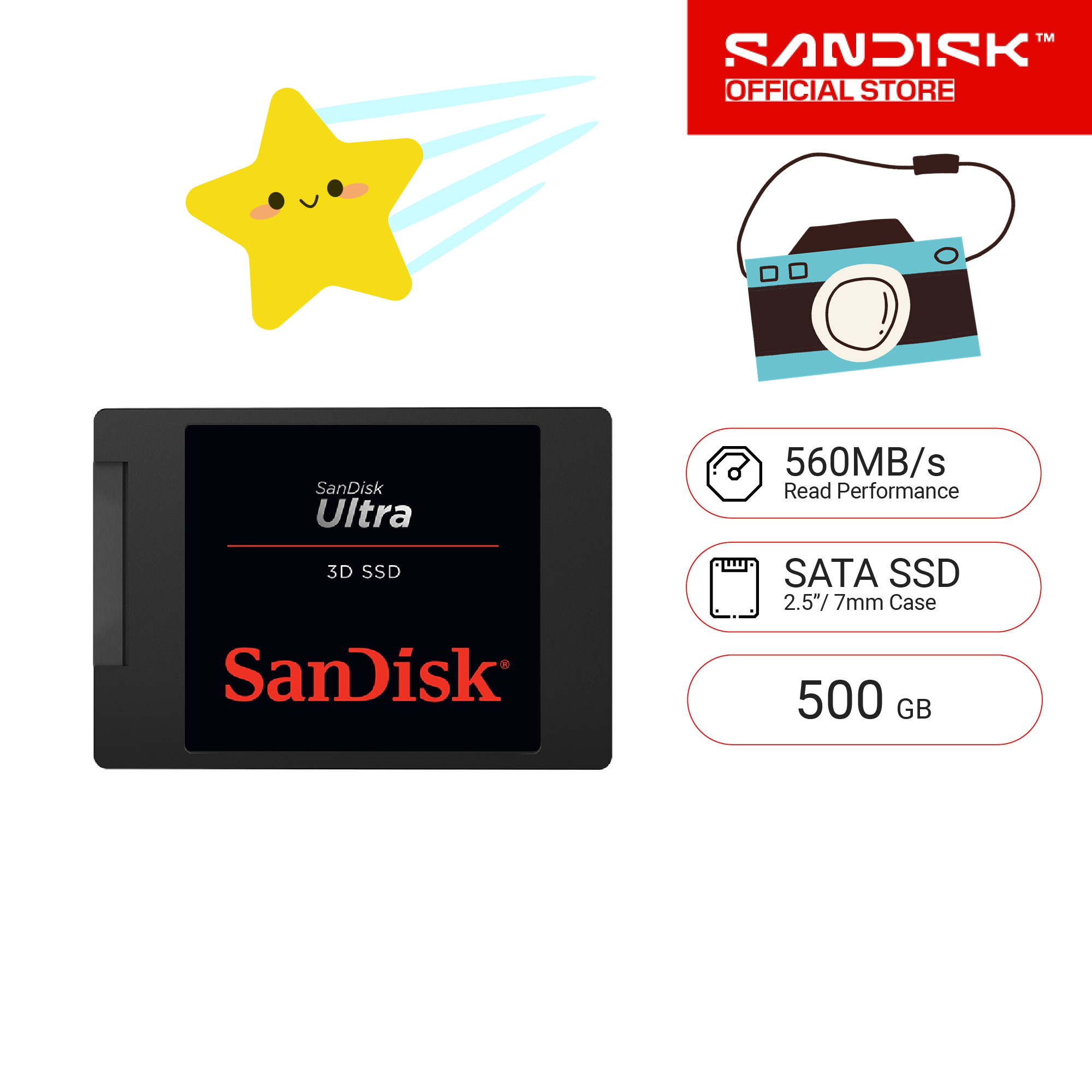 SanDisk Ultra 3D SSD (SDSSDH3-500G-G26) This 500GB internal solid-state drive delivers read speeds up to 560MB/s and write speeds up to 510MB/s. ราคา 6,530 บาท*ส่งฟรี