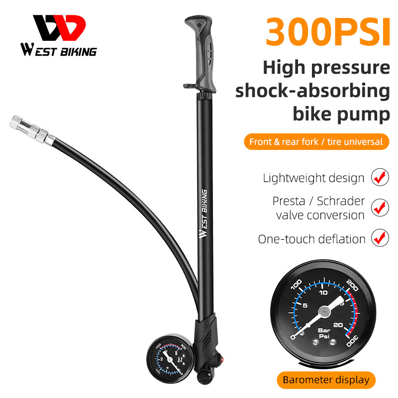 Tây đi xe đạp 300 psi bơm xe đạp mtb ngã ba bơm với đồng hồ đo áp lực cao lốp xe đạp ngã ba inflator bơm xe đạp