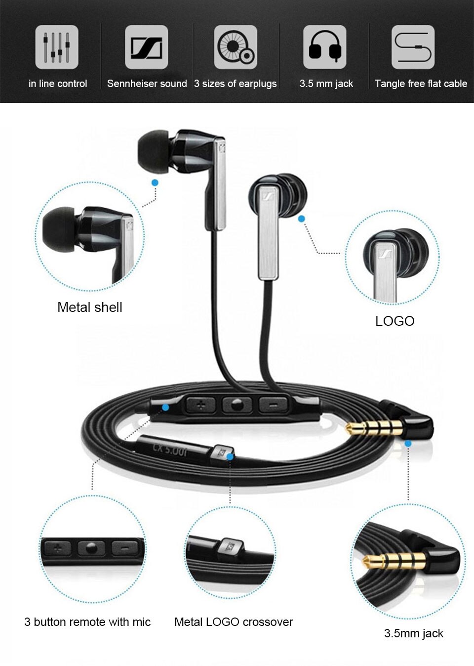Sennheiser cx5. 00i/g 3.5mm Dynamic Stereo In Ear Sport Earphones  Headphones Strong Compatibility With Microphone For iPhone Android | Lazada  PH