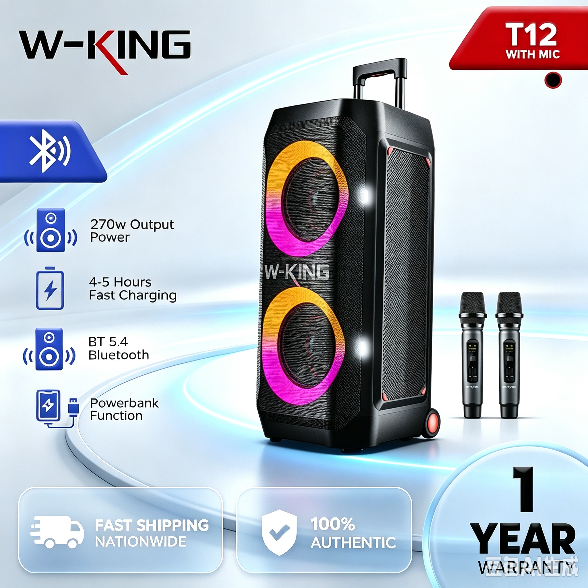 W-KING T12 270W Party Speaker Portable Outdoor Speaker With Two Mic，Built-in Lights, Powerful Sound And Deep Bass