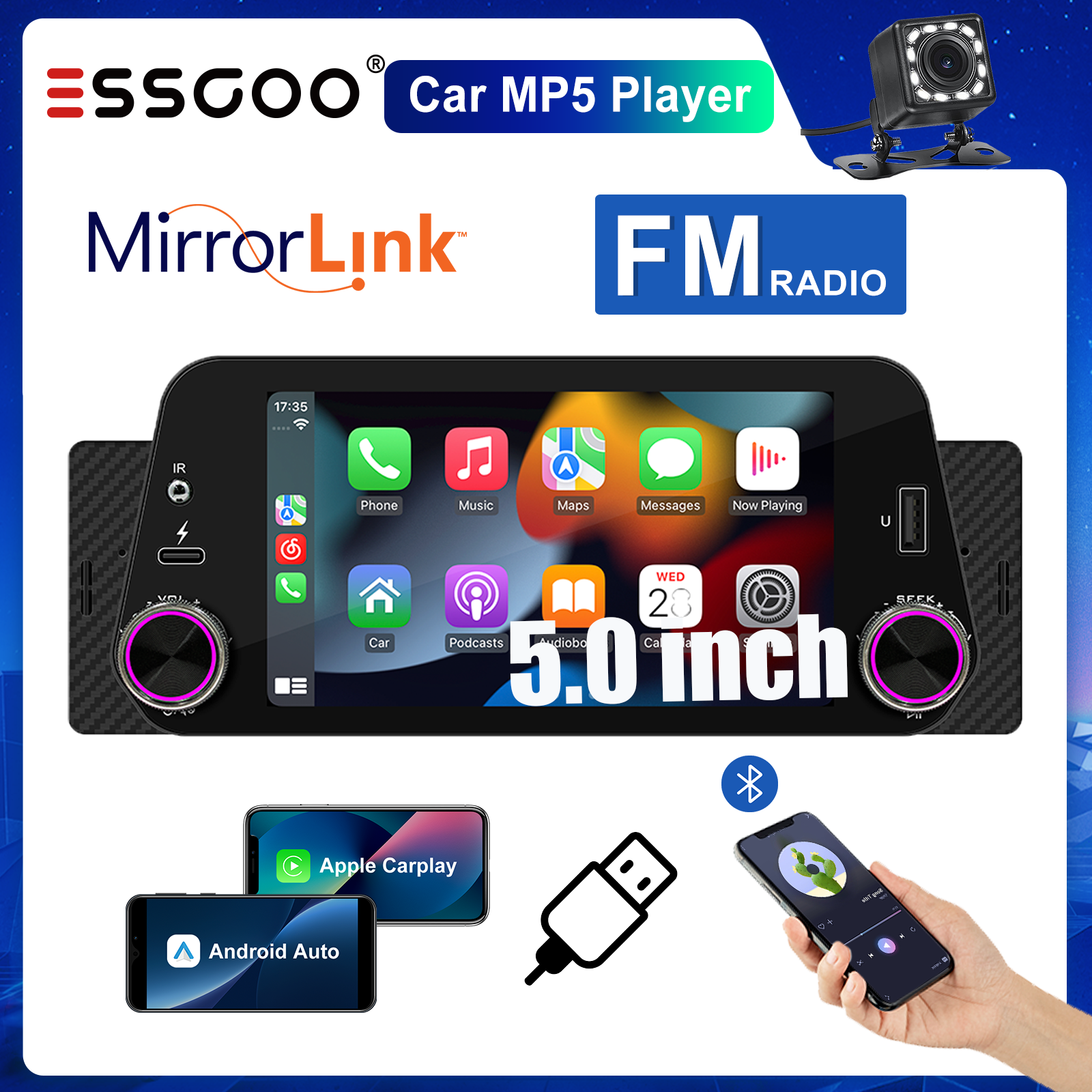 Essgoo 5.0 inch 1 DIN car MP5 Wireless CarPlay Android Auto MirrorLink support BT call music FM Radio USB video free shipping ราคา 2,399 บาท*ส่งฟรี