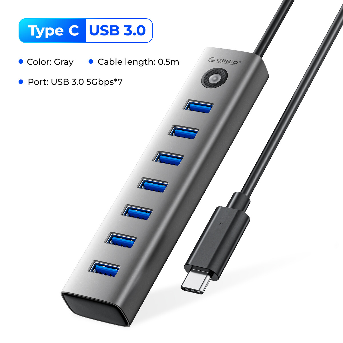 ORICO USB HUB Loại C 7 trong 1 USB HUB 7 Bộ chuyển đổi cổng với Loại C Bộ chuyển đổi điện cho PC Lap
