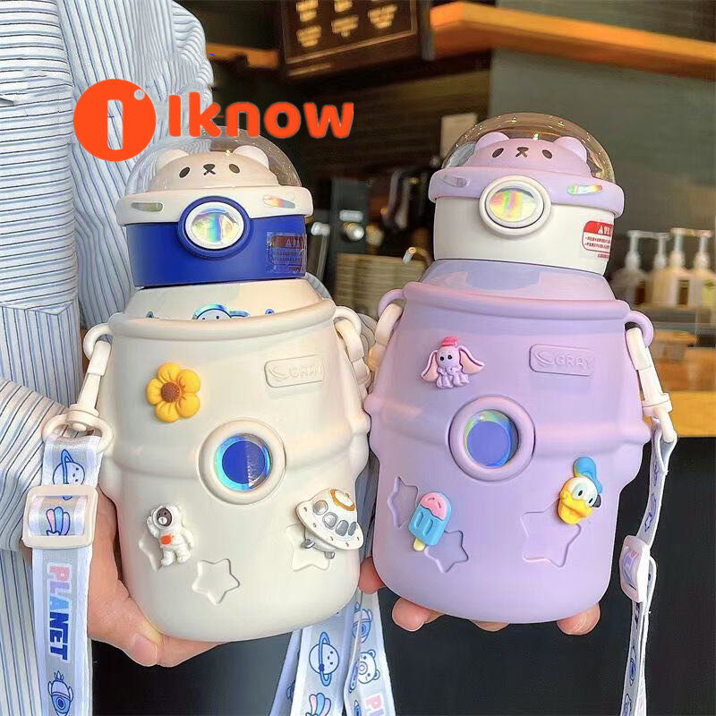 I Know Cốc Cách Nhiệt Cho Trẻ Em Phi Hành Gia Cốc Nước Ống Hút Bằng Thép Không Gỉ 304 Cốc Có Dây Đeo Vai Di Động Với Ngoại Hình Cao Cấp