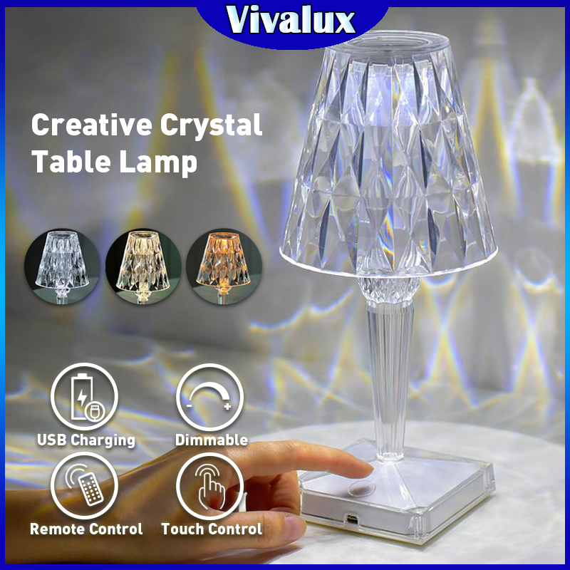 Vivalux đèn bàn kim cương đèn bàn led trang trí bằng acrylic có thể sạc lại usb đèn chiếu sáng cảm biến cảm ứng phòng ngủ đèn chiếu pha lê quà tặng đèn ngủ 3/16 màu