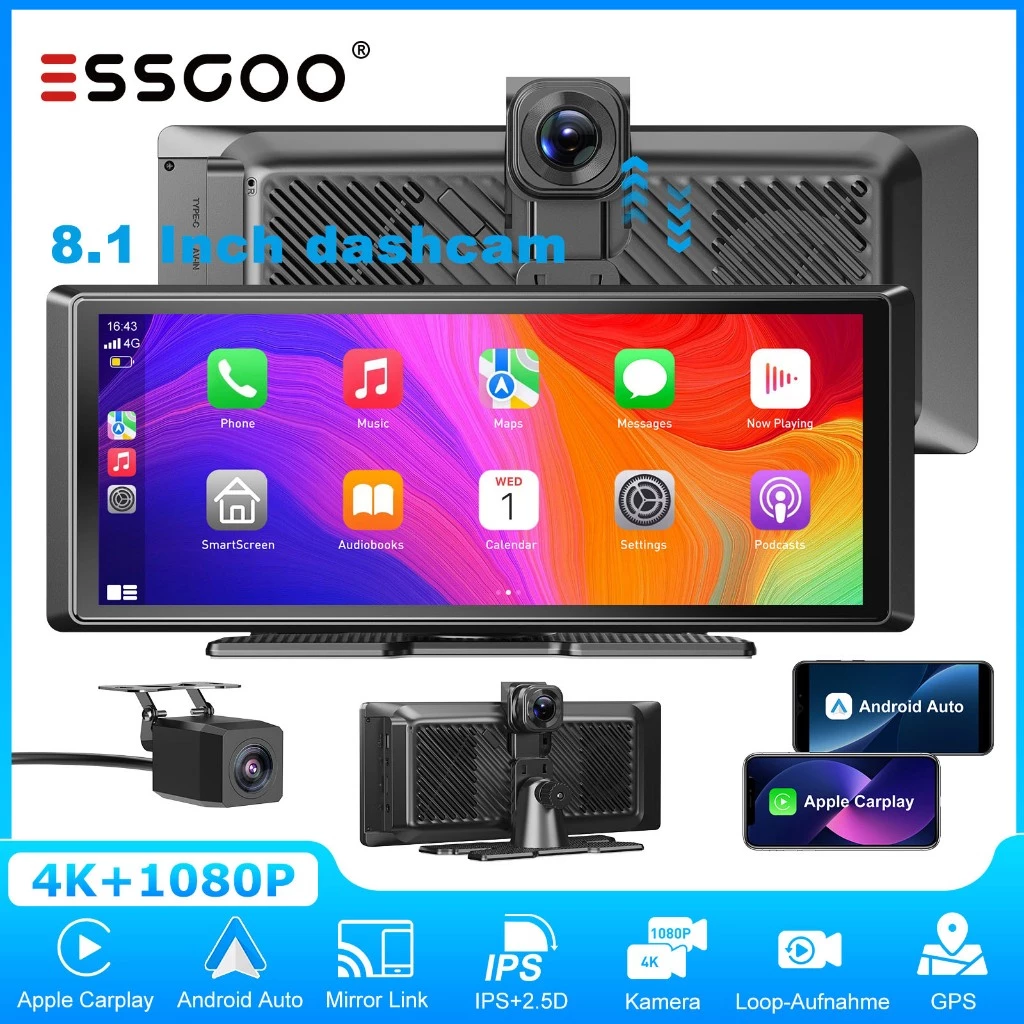 [Essgoo Dual Camera 2026 8.1 Inch Android System, Ips Hd Car Crash Camera, Supports Dual Cameras with 4K + 1080P Resolution, Has Apple Car Navigation and Android System, Online Voice Control, Bluetooth Speakers, Wi-Fi, Suitable for Cars and Trucks.,【2026 ราคา 2,399 บาท*ส่งฟรี