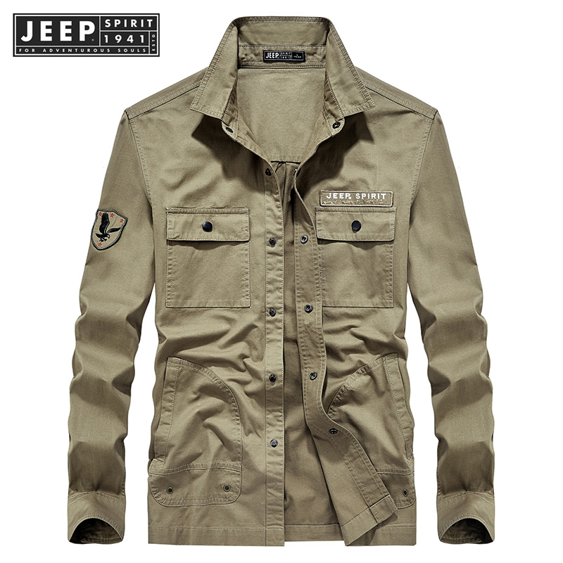 JEEP SPIRIT 1941 ESTD Long sleeved shirt casual men's lapel fashionable cardigan multi pocket top