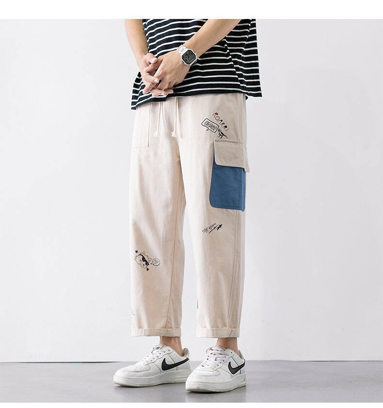 Pants men's summer loose student Korean style trendy all-matching work clothes cropped men's casual pants straight wide leg men's pants