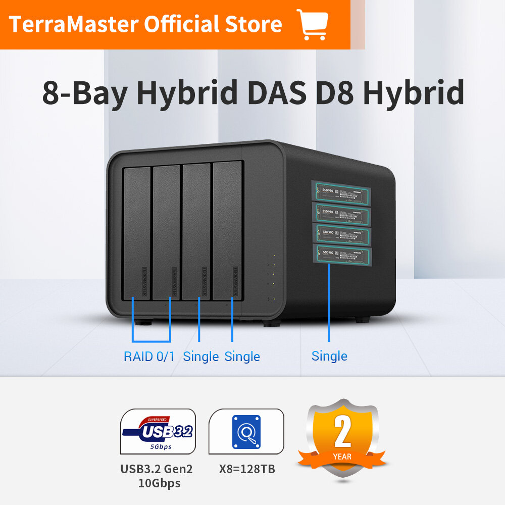 TerraMaster D8 Hybrid HDD NVMe Enclosure USB 3.2 Gen 2 10Gbps Type C 8Bay USB Storage Supports RAID 0/1/Single/JBOD Exclusive 2+3 RAID Hybrid Disk Array (Diskless) ราคา 10,506 บาท*ส่งฟรี