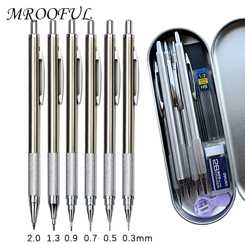 6pcs kim loại bút chì cơ khí với hộp bút chì tẩy bút chì mài đặt 0.3 0.5 0.7 0.9 1.3 2.0mm nghệ thuật phác thảo bút chì tự động
