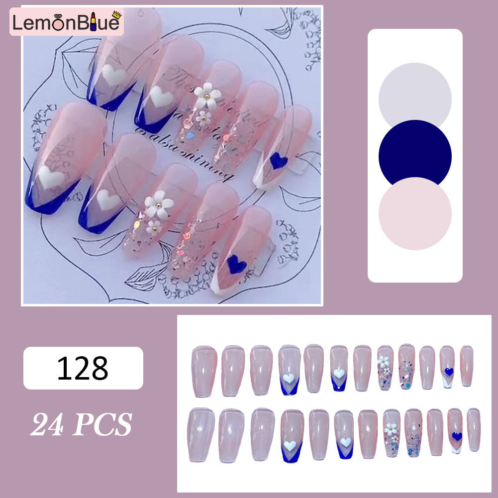 Gambar 24PCS Long Press on Nail French 3D Floral   Heart Full Coverage Artificial Nails Fake Nails with Jelly Gel Glue Removable Save Time Manicure Salon DIY Art