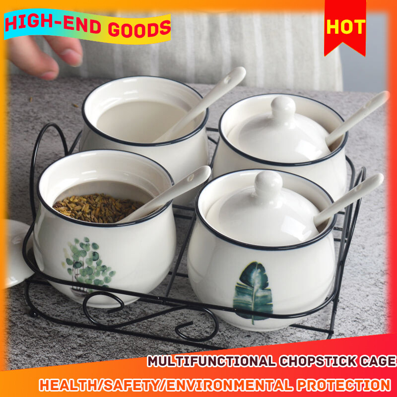 Gambar [100% Quality Assurance] Seasoning Jar Four piece Ceramic Set Seasoning Jar Seasoning Box Seasoning Bottle Salt Can Oil Can Seasoning Box Free Shelf Spoon