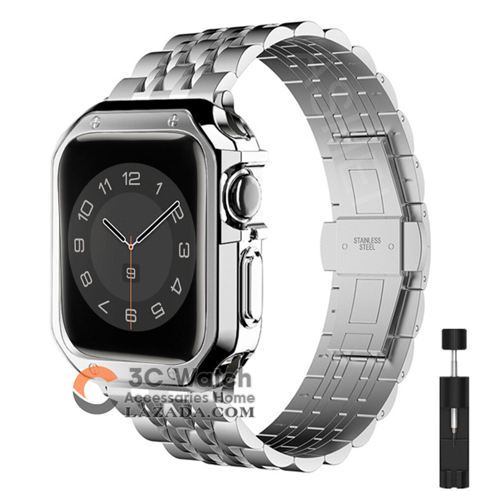 Dây Đeo + Ốp Cho Apple Watch 7 45Mm 41Mm Vòng Đeo Tay Kim Loại Thép Không Gỉ Tích Hợp Dây Đeo Cổ Tay