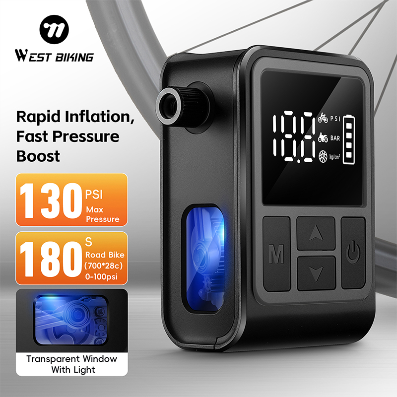 WEST BIKING Electric Mini Bicycle Pump Transparent Window With Light Bike Tire Air Inflator 130 PSI Max 900mAh 7.4V Battery Type-C Fast Charging Bike Pump Cycling Accesories ราคา 3,029 บาท*ส่งฟรี