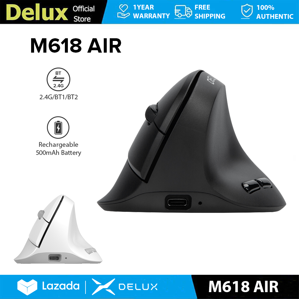 Delux M618AIR Chuột dọc không dây Bluetooth có thể sạc lại Ergonomic MAX 4000 DPI 6 nút Nhấp im lặng cho bàn tay nhỏ Màu đen & trắng