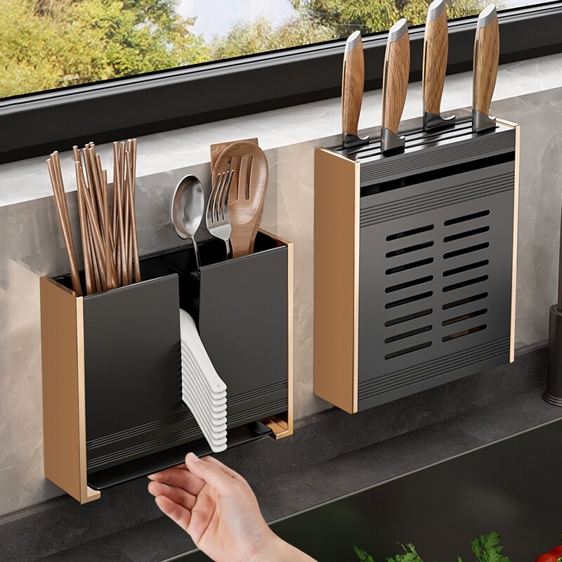 Gambar Kitchen shelf from perforated wall hung hang household head chopper multi role cutter knife holder to receive shelf