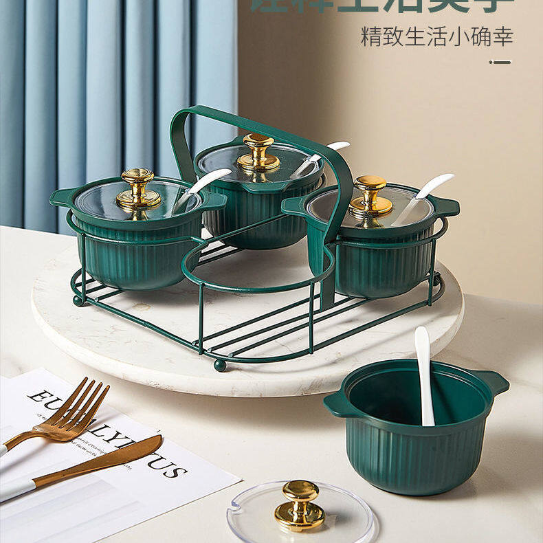Gambar Light Luxury Seasoning Box Combination Salt And Monosodium Glutamate Kitchen Household Iron Rack Nordic Seasoning Jar Set With Lid