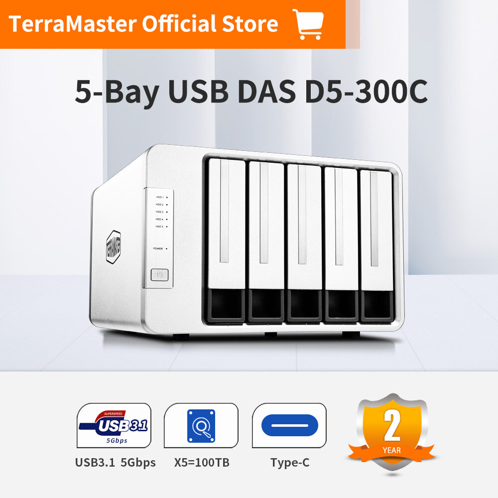 TerraMaster D5-300C USB3.1 (Gen1) Type C 5-Bay RAID Enclosure Support RAID 0/1/Single Exclusive 2+3 RAID Mode Hard Drive RAID Storage (Diskless) ราคา 7,704 บาท*ส่งฟรี