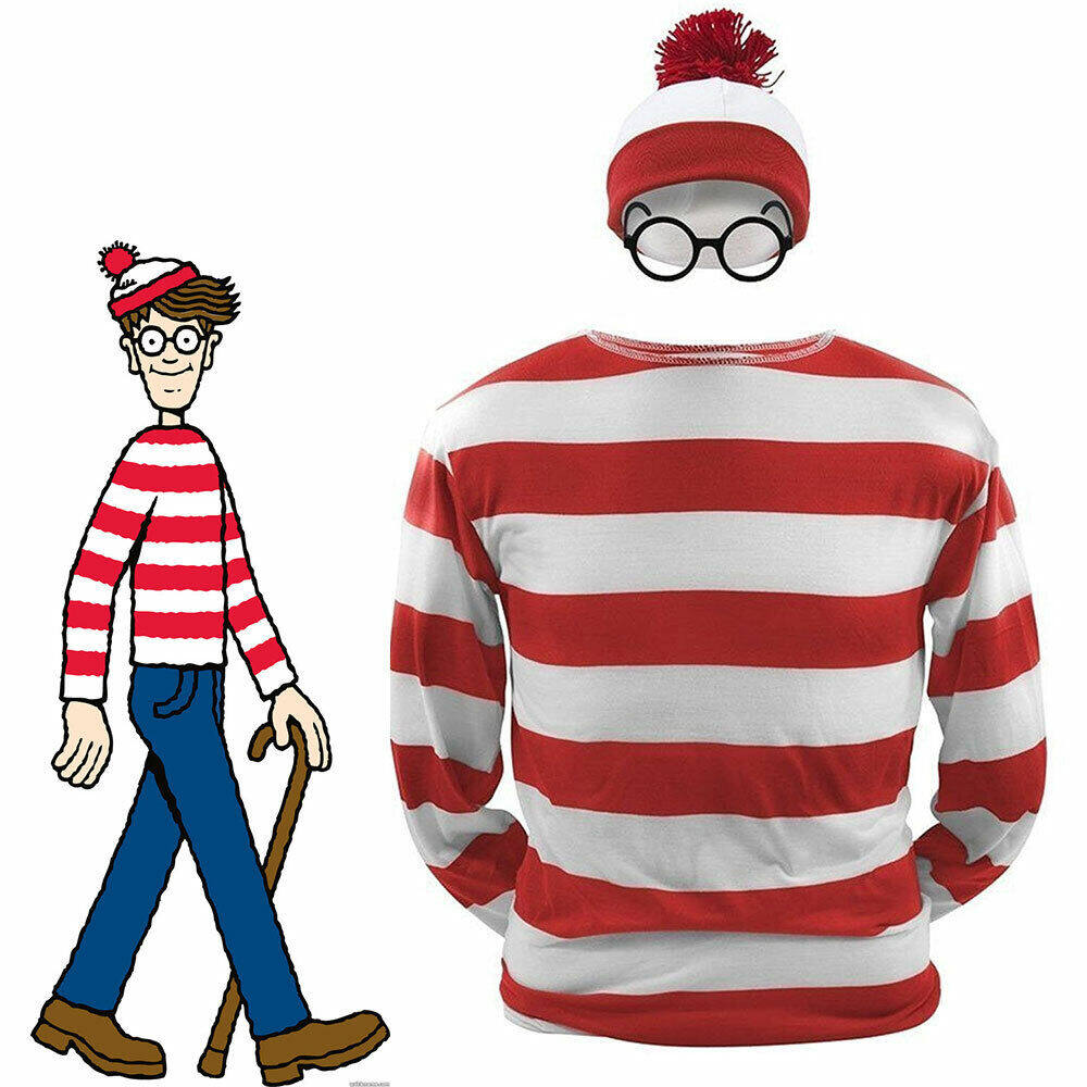 Where s Waldo Now Cosplay Costume Red White Stripes T Shirt Hat Glasses
