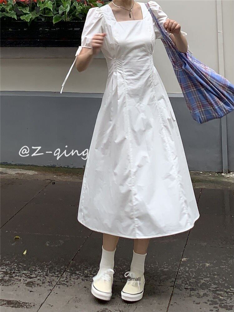 French style square collar puff sleeve dress design niche temperament slim fit gentle first love backless white fairy skirt