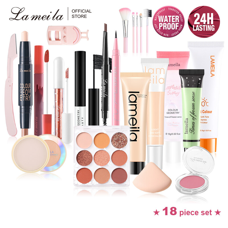LAMEILA 18pcs Foundations Gift BB cream Eyebrow Pencil Eyeshadow Palette Matte Lipstick Long Lasting Mascara Protective cream Pre makeup lotion Waterproof Professional Travel Portable Makeup Set