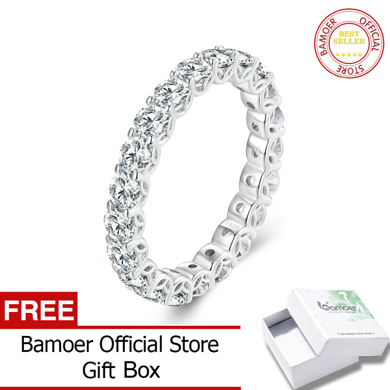 BAMOER Nhẫn Moissanite Tinh Tế Dây Đeo Vĩnh Cửu Bằng Bạc Ý 925 Cho Nữ Đính Hôn Đám Cưới Mạ Bạch Kim Đồ Trang Sức Tinh Xảo MSR029