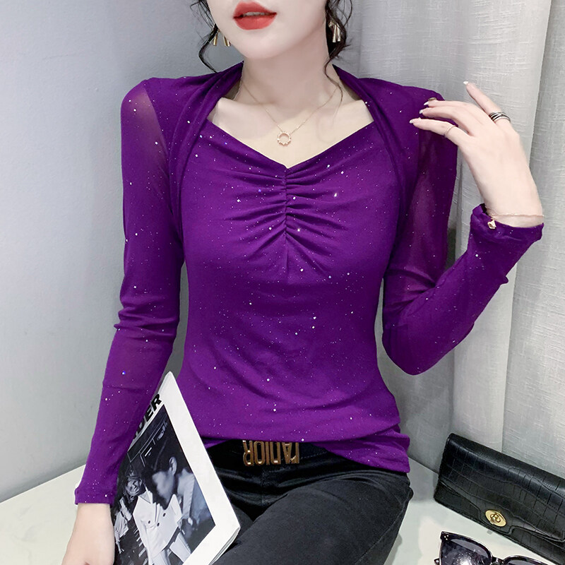 Yimei 2023 dáng ôm mới mùa thu underlay tay áo dài lưới T-Shirt thiết kế ý nghĩa v-cổ mạ vàng lấp lánh màu tím hàng đầu