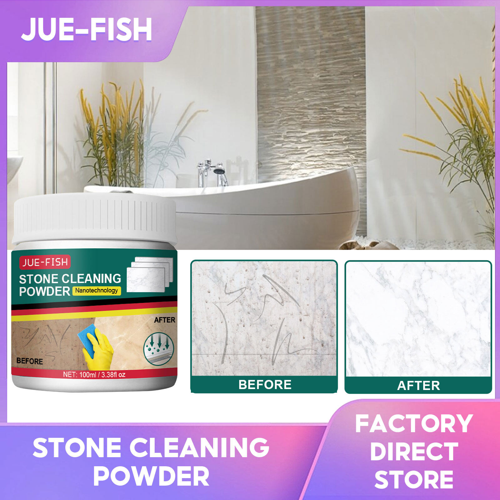 Jue-Fish Stone Cleaning Powder Powerful Bathroom Kitchen Quartz Stone Countertop Tile Cleaning Polishing Marble Floor Cleaning Powder Kitchen Oil Stain Cleaner Household Descaling Artifact (100ml) ราคา 127 บาท*ส่งฟรี