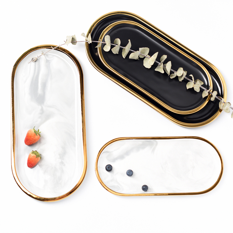 Gambar Luxe Cosmetische Parfum Marmer Keramische Opbergvak Gerecht Decoratie Sieraden Ring Brood Dessert Zwarte Plaat Platen Gift 1 Pcs