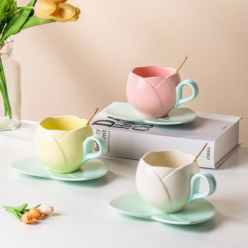 Gambar ?? Ready Stock?? Ins Tulip Cup Ceramic Mug with Spoon Coffee Cup Household Solid Color Water Cup and Saucer Set