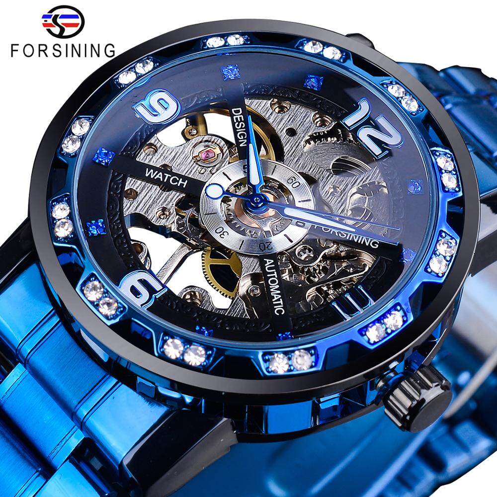 Forsining Watch Fashion Blue Diamond Skeleton Men s Mechanical Watch
