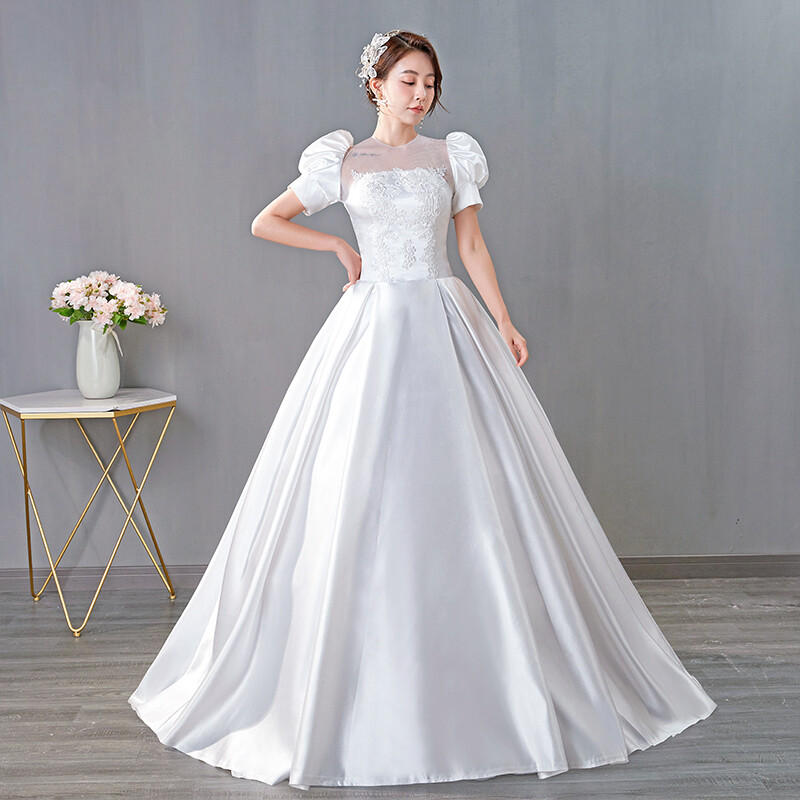 Váy cưới nữ satin màu trắng trang trọng với ren váy dạ hội đám cưới