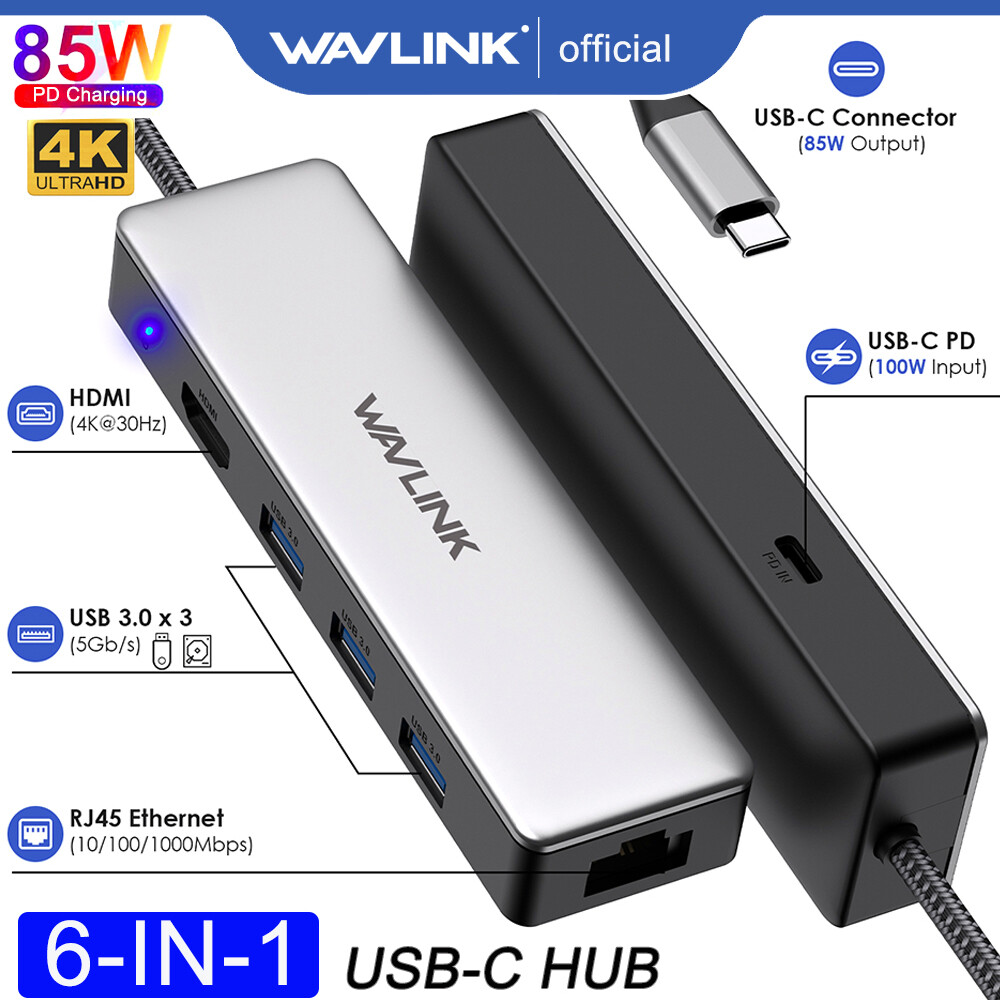 Wavlink 6-in-1 usb c hub, phổ quát usb-c splitter với 4k 30hz hdmi, 3 usb 3.0, gigabit ethernet, 100w điện deliveryfor m1/m2 pro/không khí/thunderbolt 3/loại c thiết bị