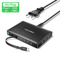 Rocoren 560W 5C+3A GaN Desktop Charger 8 Ports PD Super Fast Charging Station Built-in 80cm Type C Retractable Cables Travel Charger For iPhone 17 Pro Max Samsung Xiaomi Huawei Phone Macbook Laptop iPad