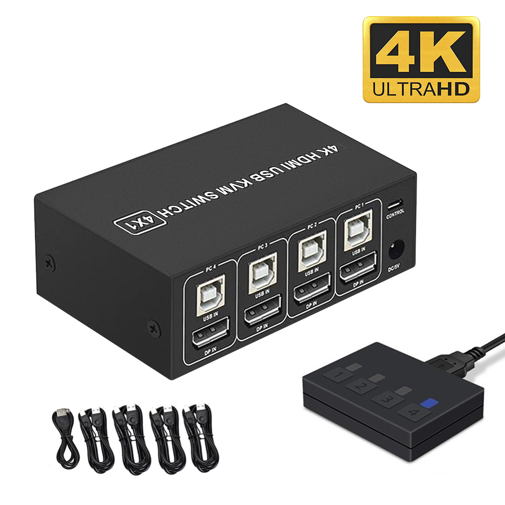 Switch KVM HDMI 4 Porte USB 3.0 | 4 PC A 1 Monitor | 4K@60Hz | EDID Simulato | Condivisione Tastiera, Mouse, Stampante | Con Telecomando E Cavi | Per Ufficio, Gaming, Casa