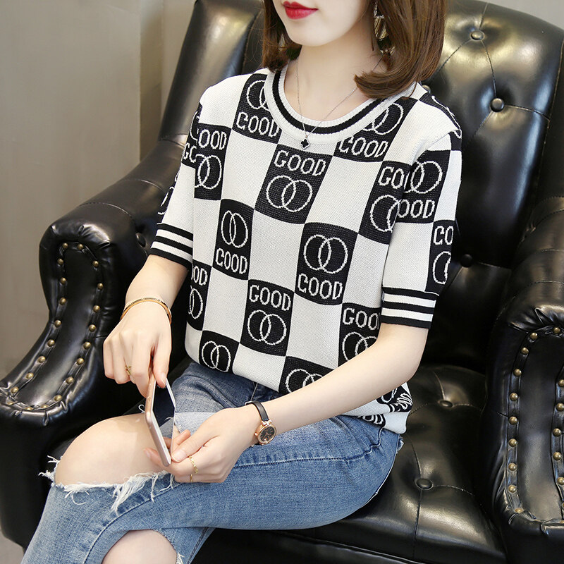 LUCKIN STORE Women's Short Sleeve Knitted T-shirt Loose Round-neck Tops Bottoming Shirt 2025 New Shirt Blouse