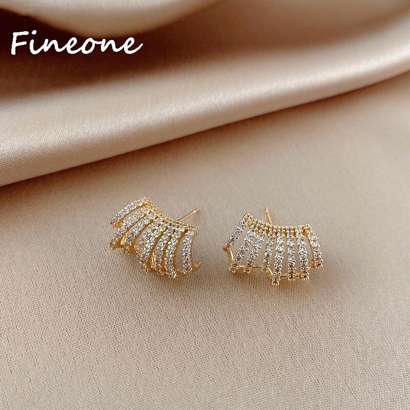 Khuyên tai kim loại nhiều lớp đính kim cương toàn bộ bằng bạc 925
