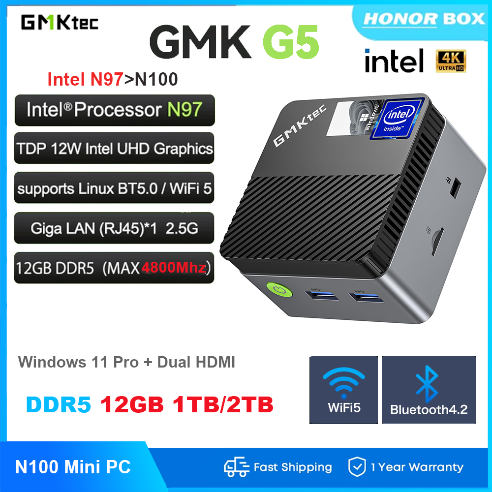 GMKtec G5 Mini PC 12th Intel N97 DDR5 12GB 1TB Windows 11 Pro Desktop 4800MT/s WiFi BT5 Computer PC ราคา 5,183 บาท*ส่งฟรี